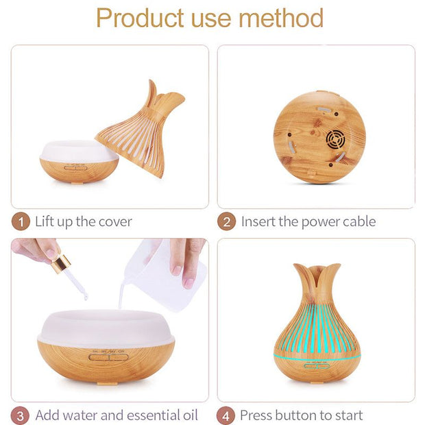 Wood Grain Flower Vase Diffuser and Humidifier, 7-Color LED Light, Timer, and Remote Control, 500 mL Ultrasonic Aroma Diffuser—Light Wood