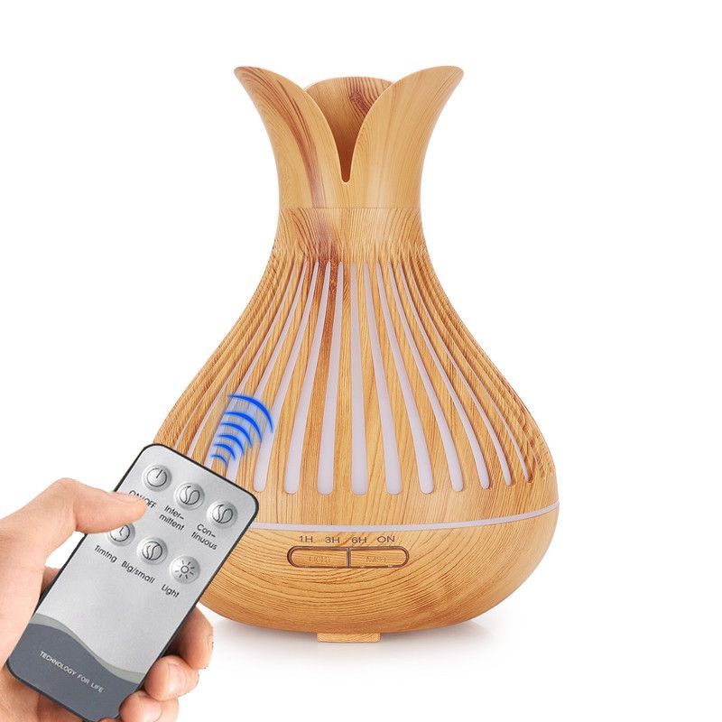 Wood Grain Flower Vase Diffuser and Humidifier, 7-Color LED Light, Timer, and Remote Control, 500 mL Ultrasonic Aroma Diffuser—Light Wood