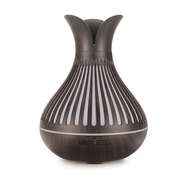Wood Grain Flower Vase Diffuser and Humidifier, 7-Color LED Light, Timer, and Remote Control, 500 mL Ultrasonic Aroma Diffuser—Dark Wood