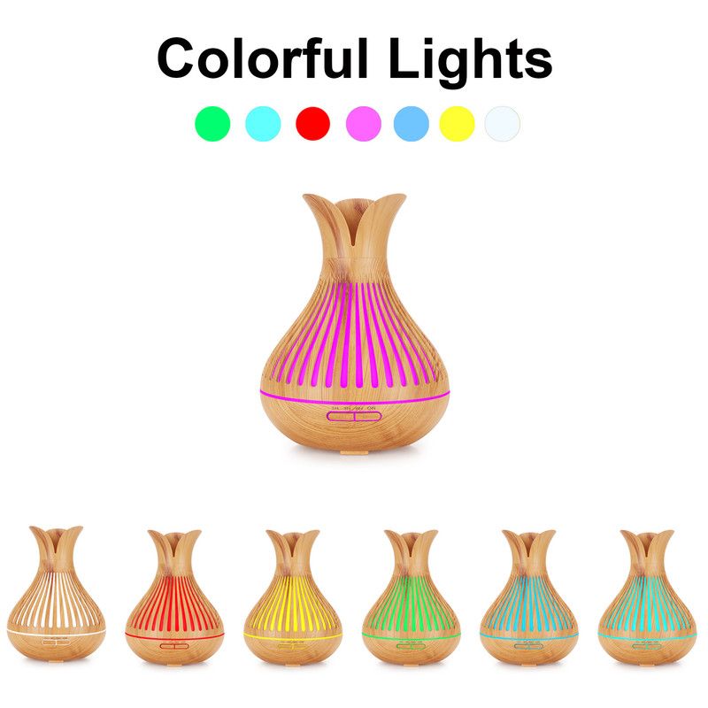 Wood Grain Flower Vase Diffuser and Humidifier, 7-Color LED Light, Timer, and Remote Control, 500 mL Ultrasonic Aroma Diffuser—Dark Wood