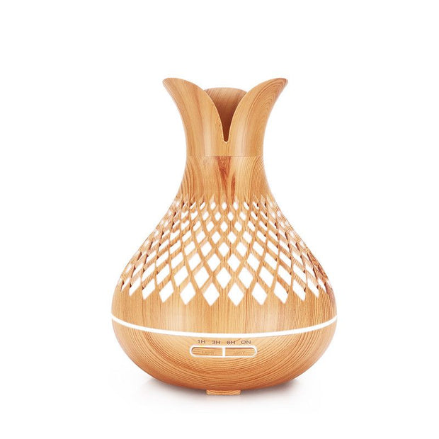 500ML Diamond Hollow Wood Grain Diffuser Humidifier, 7-Color LED Night Light, Remote Control, Timer, Continuous & Intermittent Mist - Light Wood