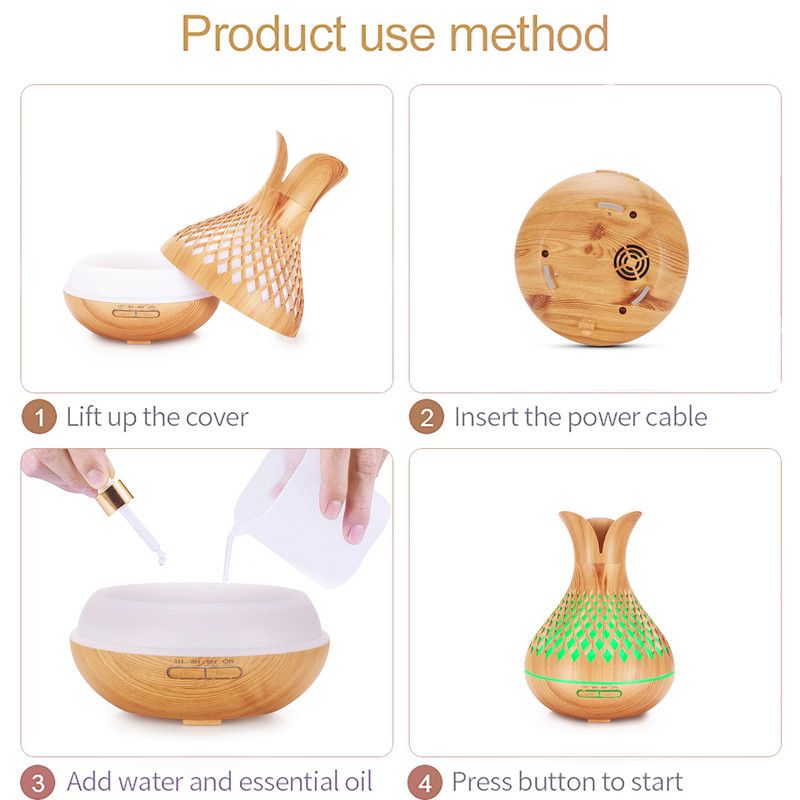500ML Diamond Hollow Wood Grain Diffuser Humidifier, 7-Color LED Night Light, Remote Control, Timer, Continuous & Intermittent Mist - Light Wood