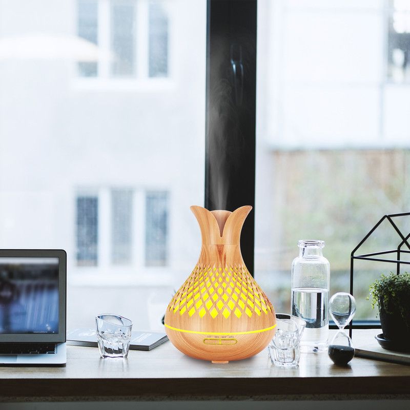 500ML Diamond Hollow Wood Grain Diffuser Humidifier, 7-Color LED Night Light, Remote Control, Timer, Continuous & Intermittent Mist - Light Wood