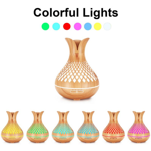 500ML Diamond Hollow Wood Grain Diffuser Humidifier, 7-Color LED Night Light, Remote Control, Timer, Continuous & Intermittent Mist - Dark Wood