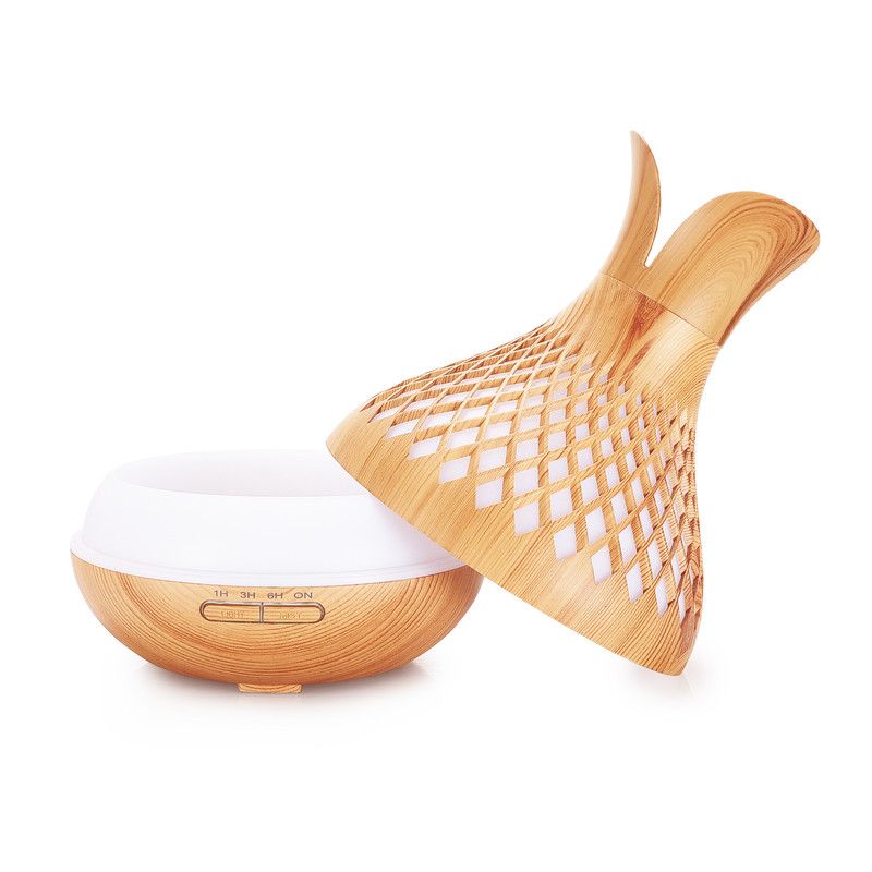 500ML Diamond Hollow Wood Grain Diffuser Humidifier, 7-Color LED Night Light, Remote Control, Timer, Continuous & Intermittent Mist - Dark Wood
