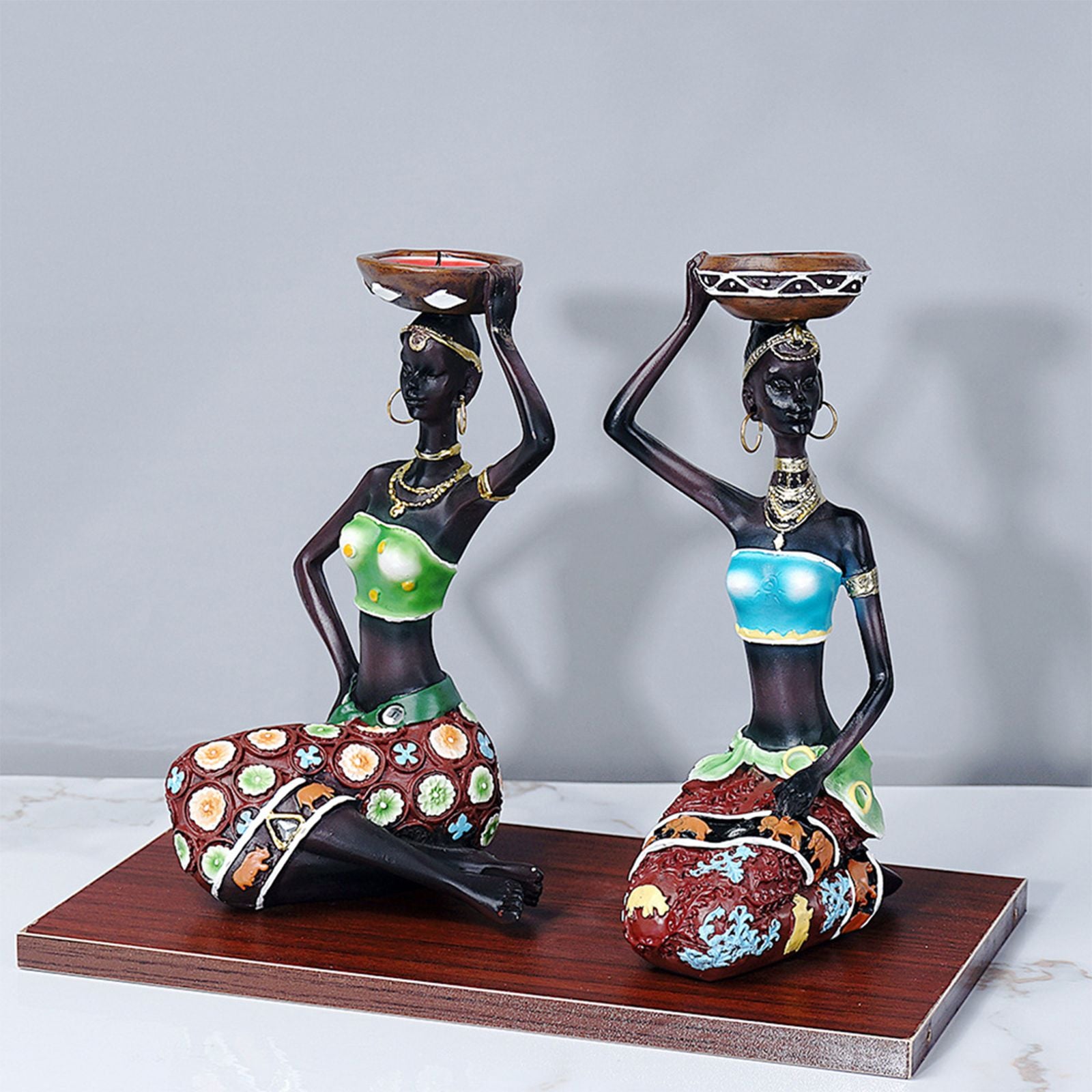 2PCS Vintage African Women Statue Candle Holders Resin Figurines Fits Up to 3.5cm Diameter Candles