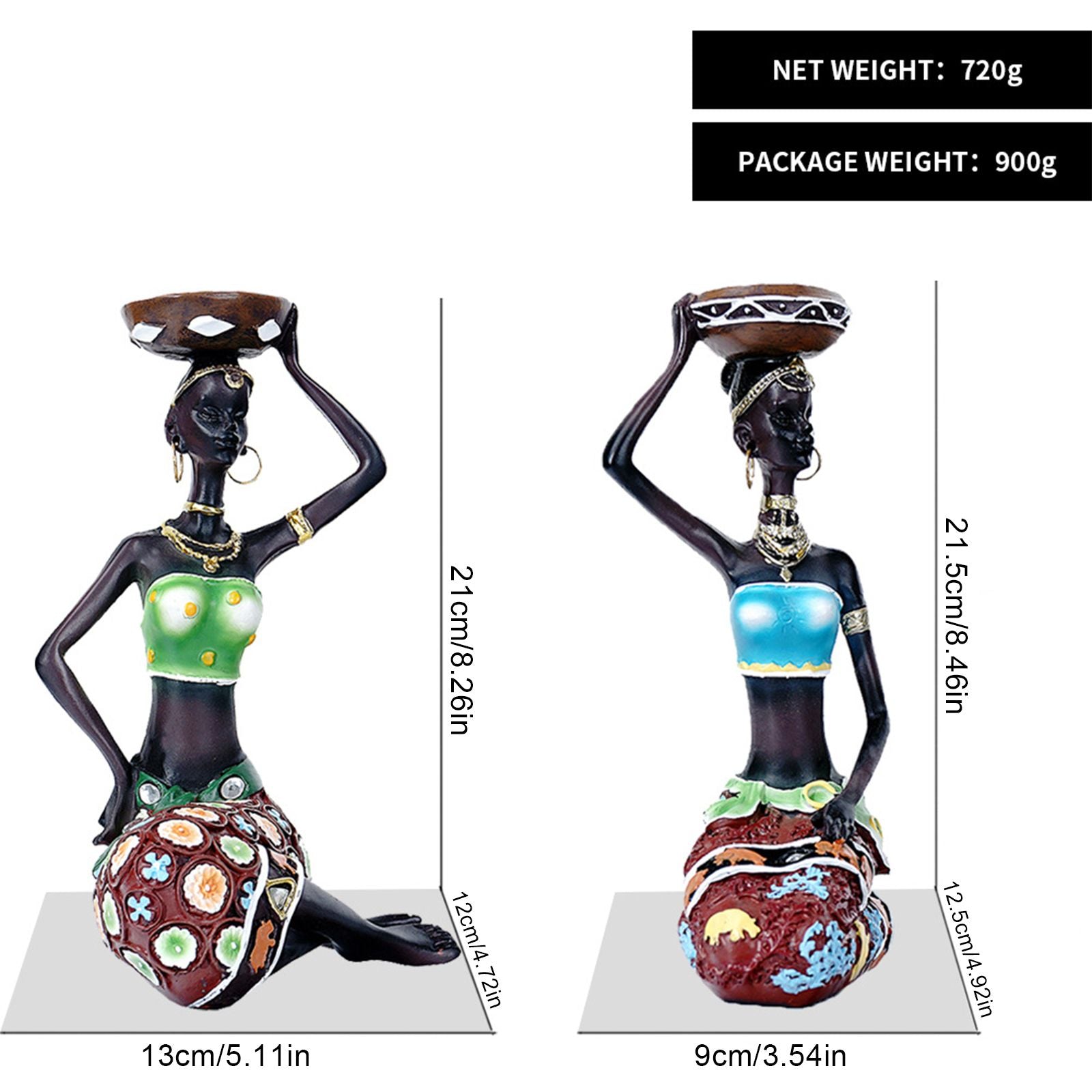 2PCS Vintage African Women Statue Candle Holders Resin Figurines Fits Up to 3.5cm Diameter Candles