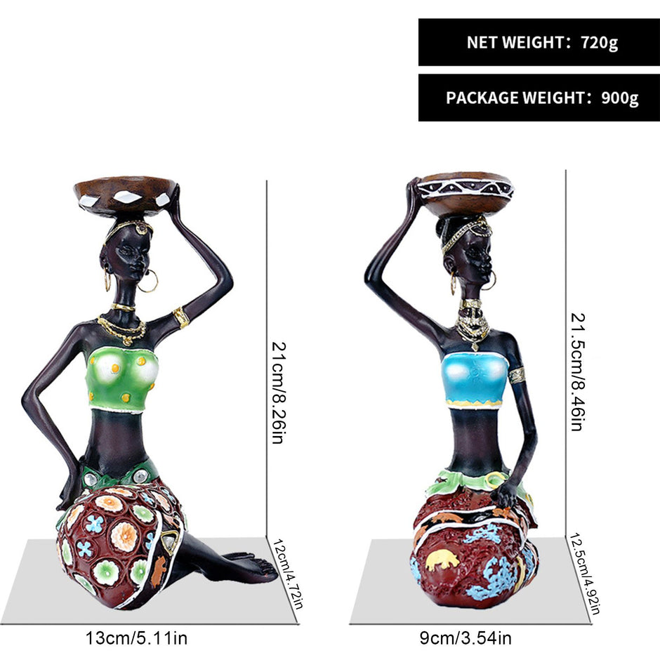 2PCS Vintage African Women Statue Candle Holders Resin Figurines Fits Up to 3.5cm Diameter Candles