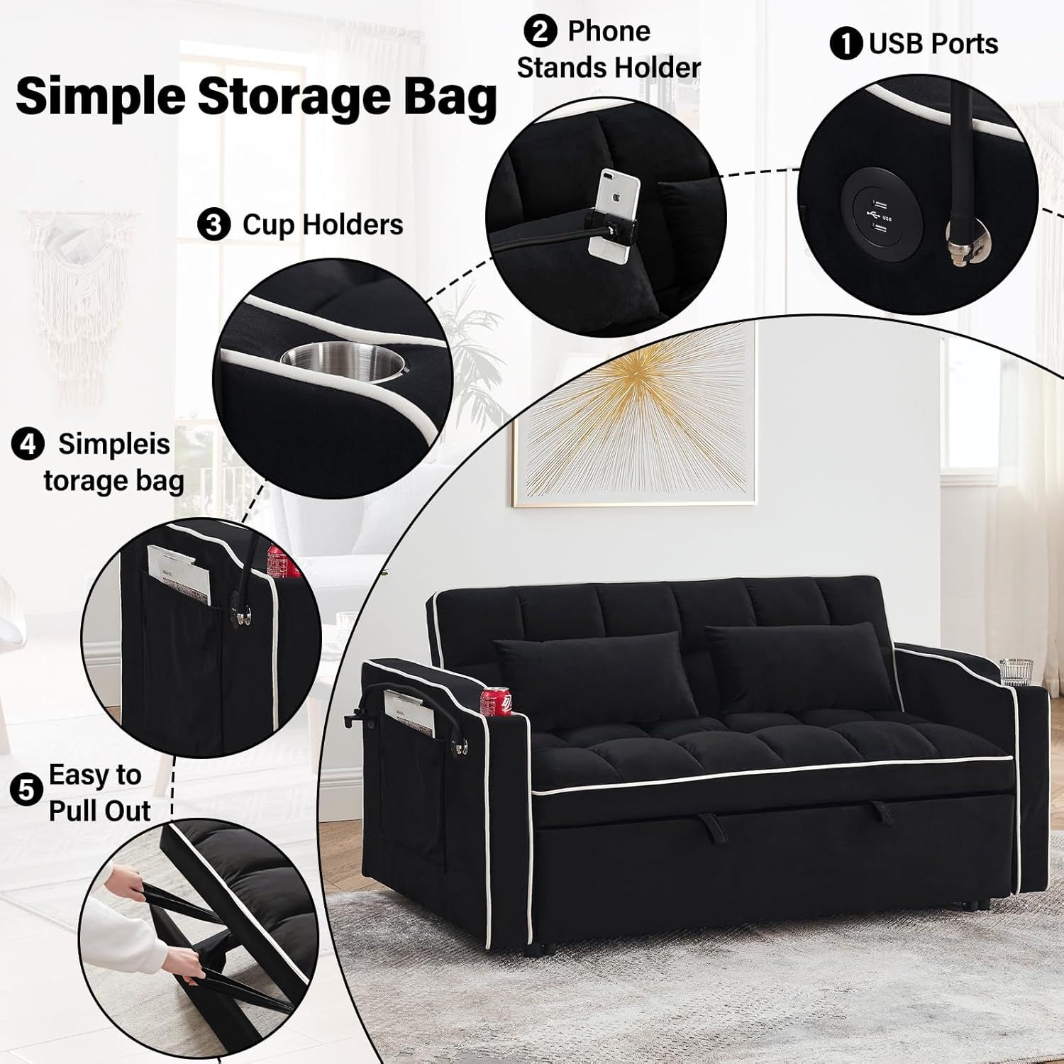 Fashionable Modern and Multi-functional Foldable Velvet Sofa Bed - Beige