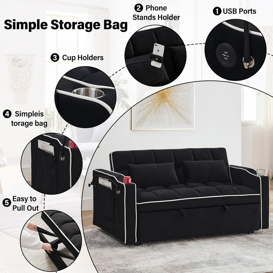 Fashionable Modern and Multi-functional Foldable Velvet Sofa Bed - Beige