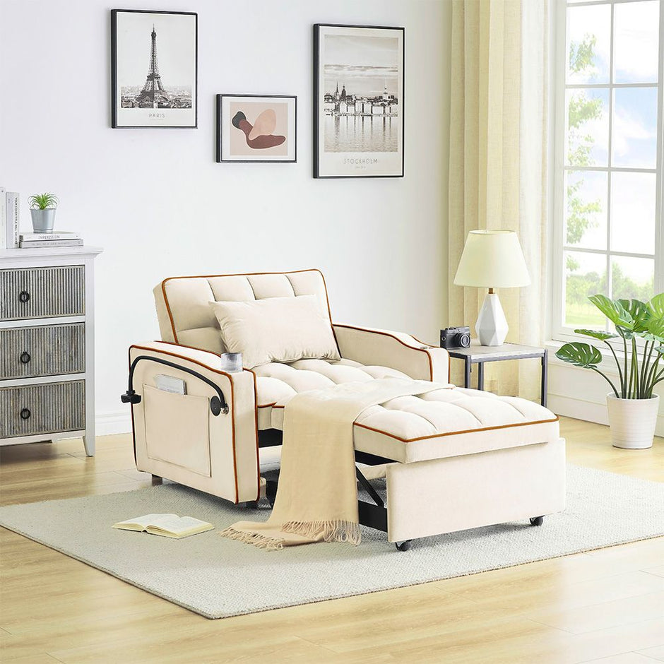 Single-seater sofa bed, equipped with USB ports and a phone holder - Black
