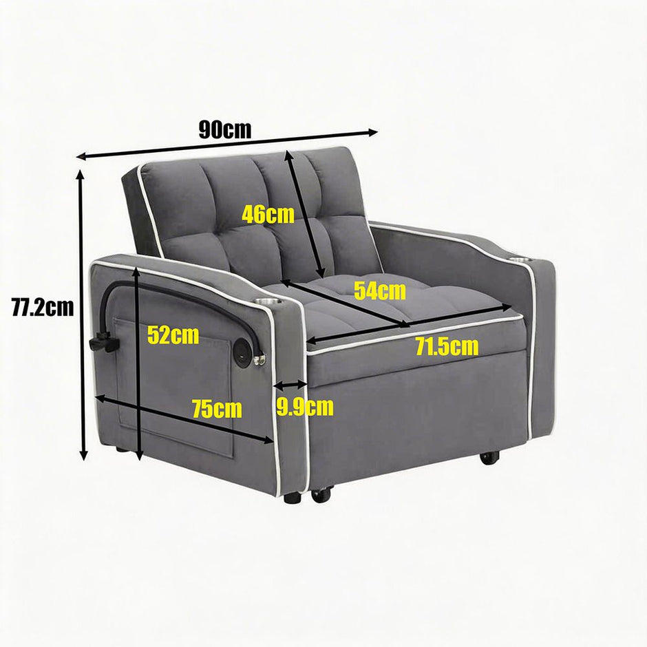 Single-seater sofa bed, equipped with USB ports and a phone holder - Black