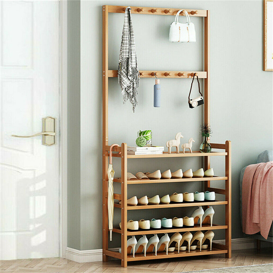 Bamboo 5-Tier Hat Coat Shoe Rack Entryway Bench Hanger Storage