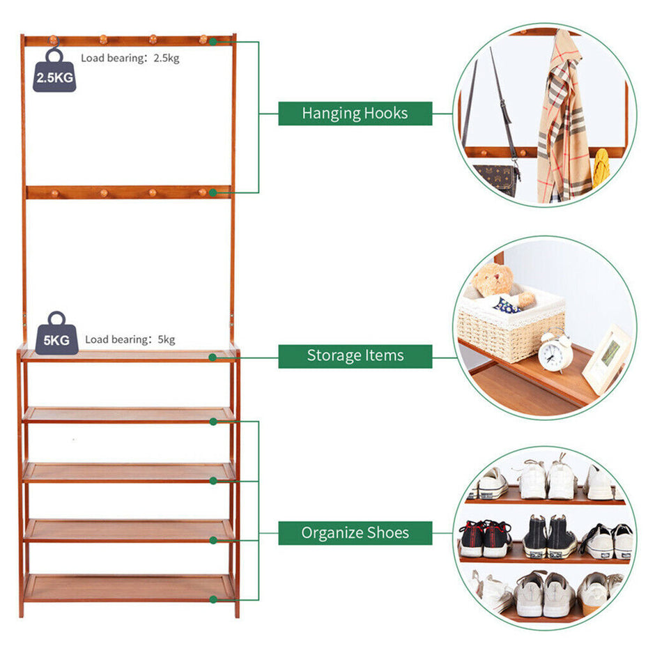 Bamboo 5-Tier Hat Coat Shoe Rack Entryway Bench Hanger Storage