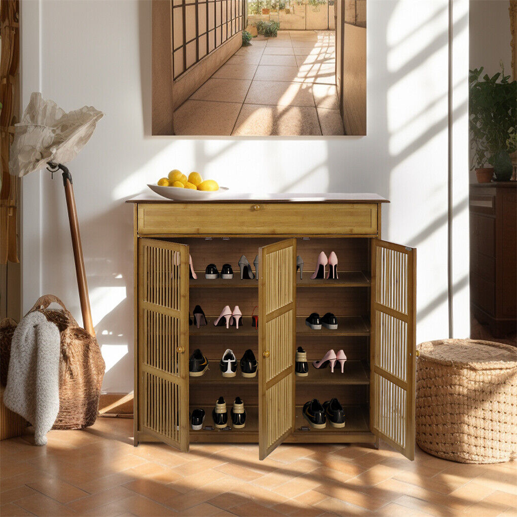 XXL 4-Tier Bamboo Shoe Rack Cabinet with Doors, Drawers