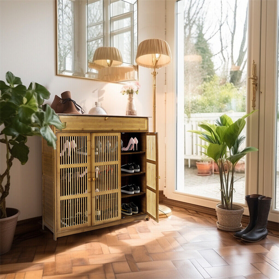 XXL 4-Tier Bamboo Shoe Rack Cabinet with Doors, Drawers