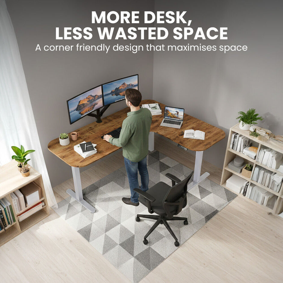 FORTIA Corner Standing Desk, 160x140cm, 72-118cm Sit to Stand Up Electric Height Adjustable, Walnut Style Desktop/Silver Frame