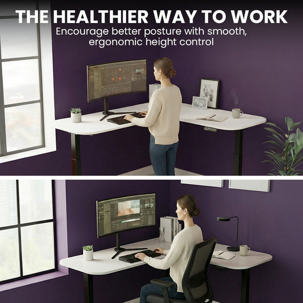 FORTIA Corner Standing Desk, 160x140cm, 72-118cm Sit to Stand Up Electric Height Adjustable, White Desktop/Black Frame