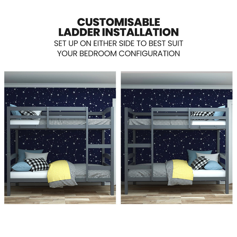 KINGSTON SLUMBER Single Bunk Bed Frame, Solid Pine 2-in-1 Modular Design, Converts to 2 Single Beds, For Kids, Grey