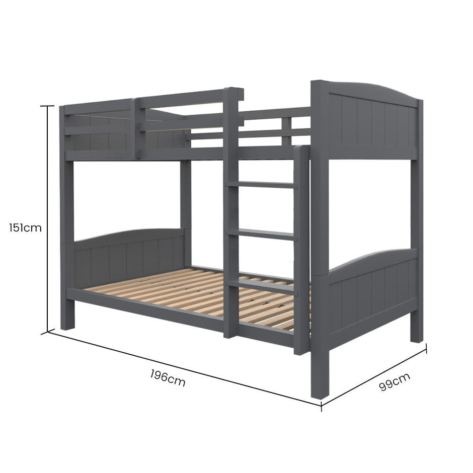 KINGSTON SLUMBER Single Bunk Bed Frame, Solid Pine 2-in-1 Modular Design Convert to 2 Single Beds, Grey