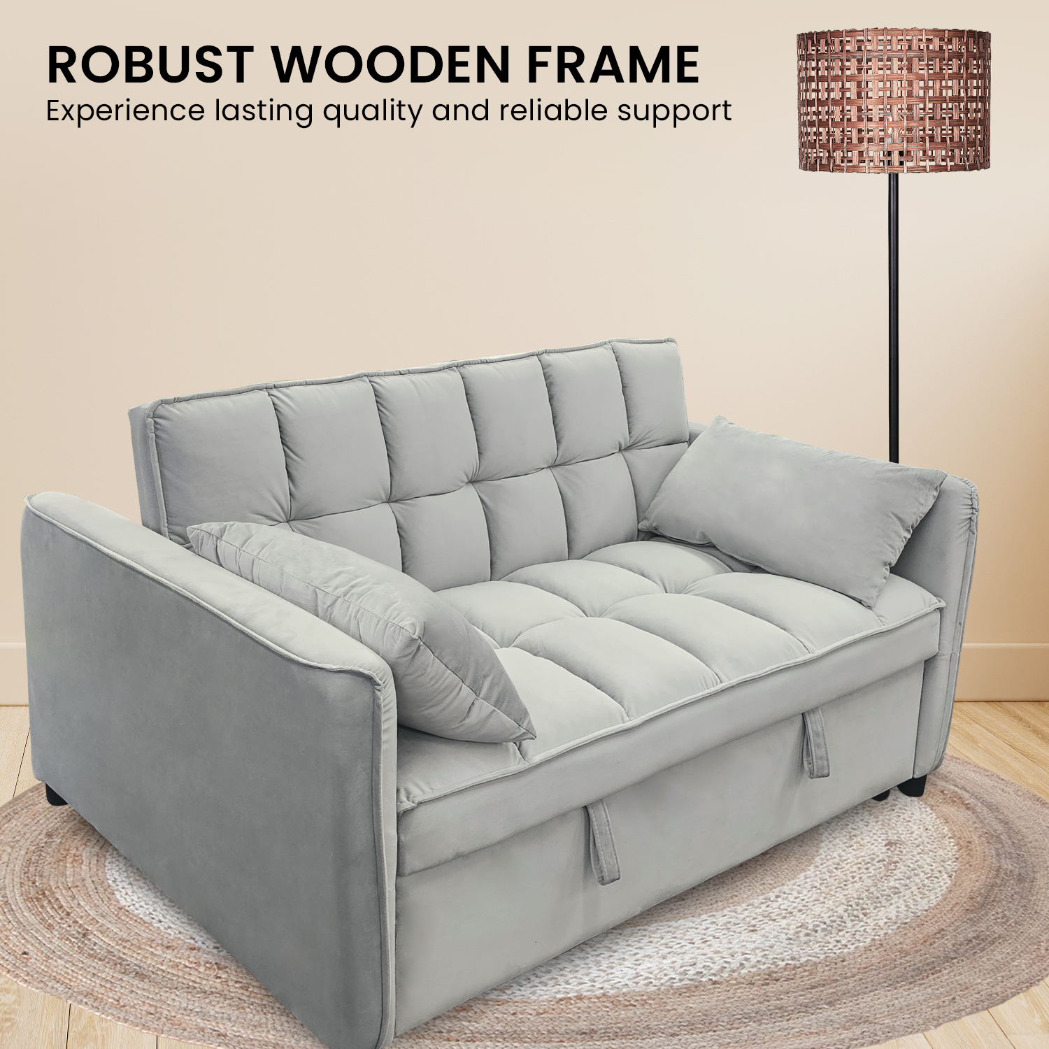 Sarantino Quincy 2-Seater Velvet Sofa Bed in Light Grey with Wooden Frame and Tufted Design