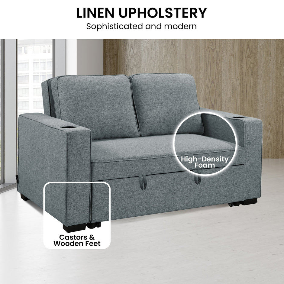 Sarantino Hoffman Linen Sofa Bed with Cushions & Cup Holders Airforce Blue