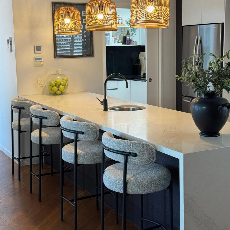 Sleek White Quartz Metal Boucle Elsa Bar Stools