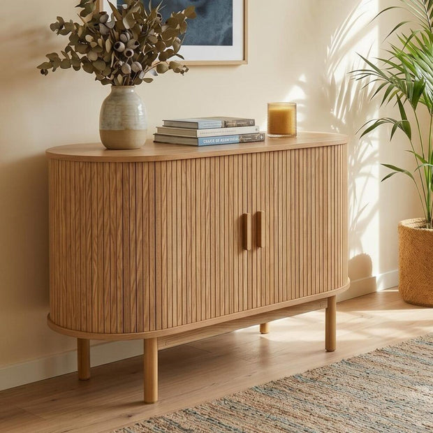 Natural Wood Ribbed Sideboard Cabinet