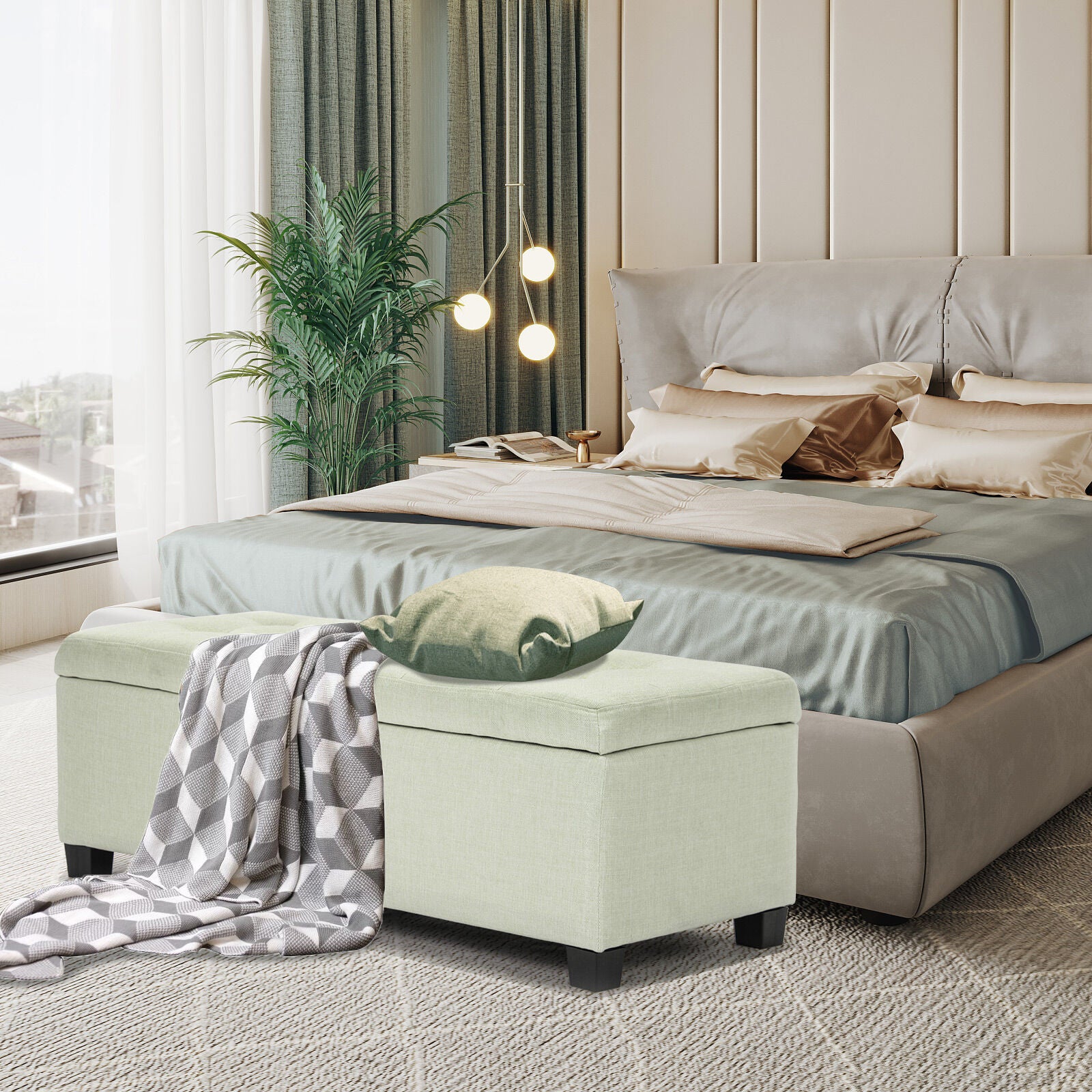 Storage Ottoman Stool 102cm Fabric LIGHT GREEN
