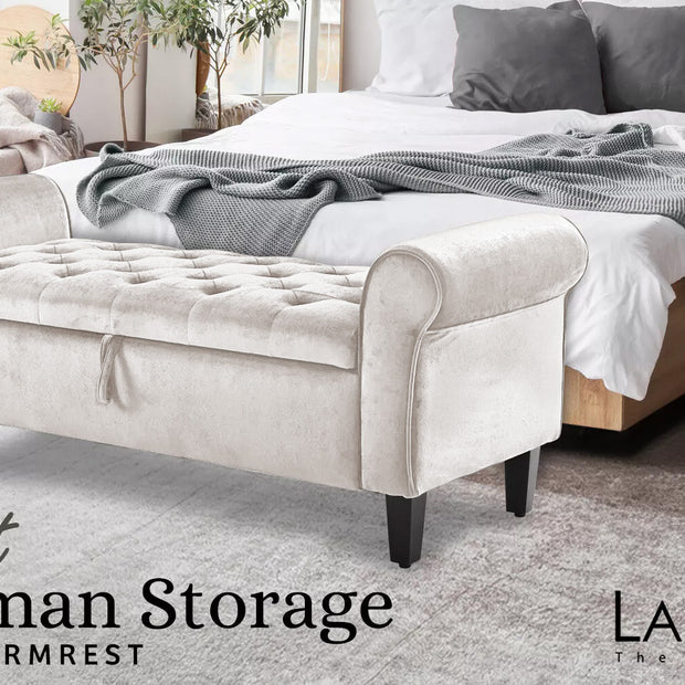 Storage Ottoman Stool Arm Bench Seat 132cm Velvet BEIGE