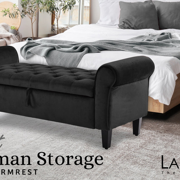 Storage Ottoman Stool Arm Bench Seat 132cm Velvet BLACK
