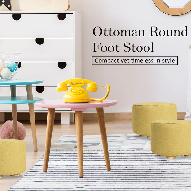 Fabric Ottoman Round Wooden Leg Foot Stool - MUSTARD YELLOW