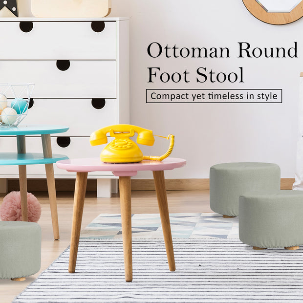 2X Fabric Ottoman Round Wooden Leg Foot Stool - GREY