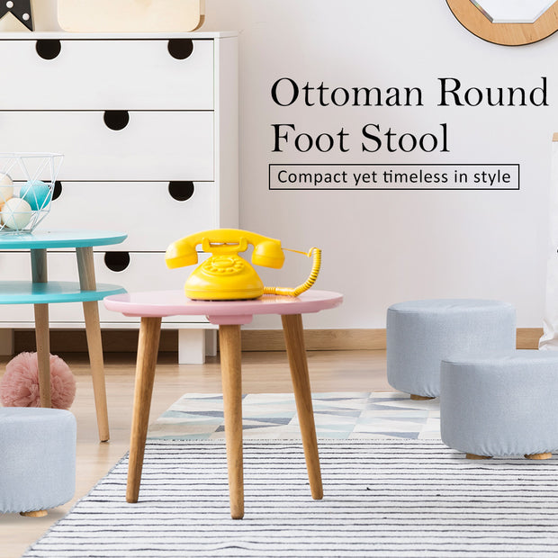 Fabric Ottoman Round Wooden Leg Foot Stool - LIGHT BLUE