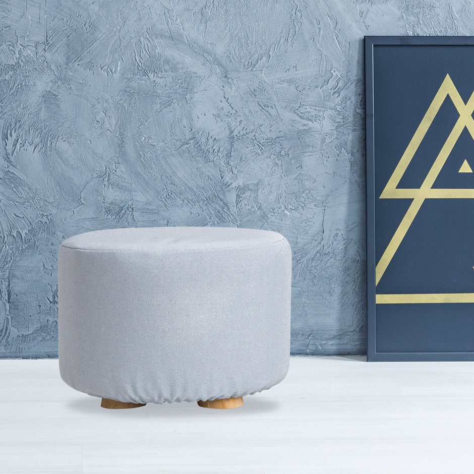 Fabric Ottoman Round Wooden Leg Foot Stool - LIGHT BLUE