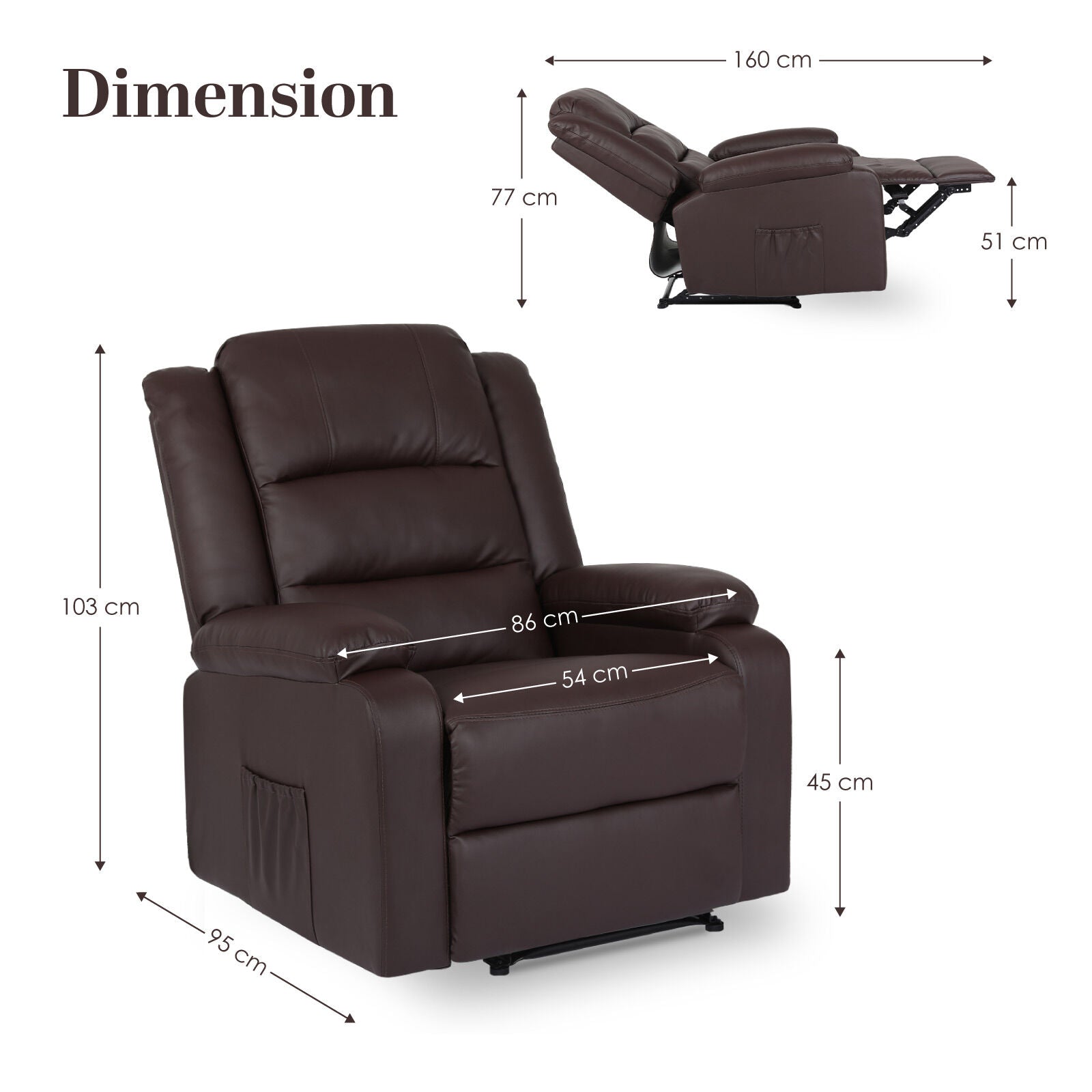 Home Recliner Chair - PU Leather Sofa Lounge Armchair MARLO BROWN