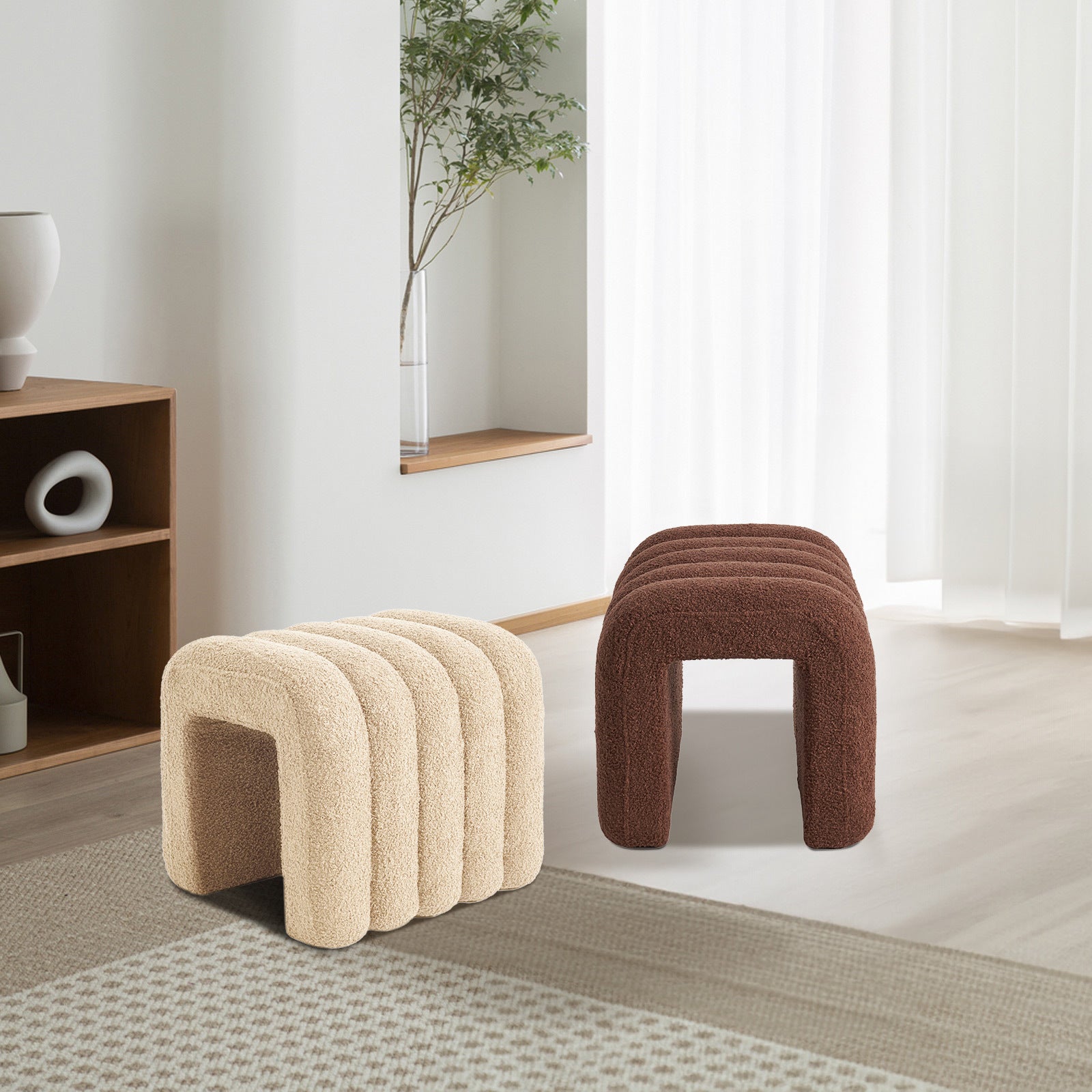 2X Ridge Arch Ottoman Stool Teddy Fleece Fabric Foot Rest 45cm BEIGE