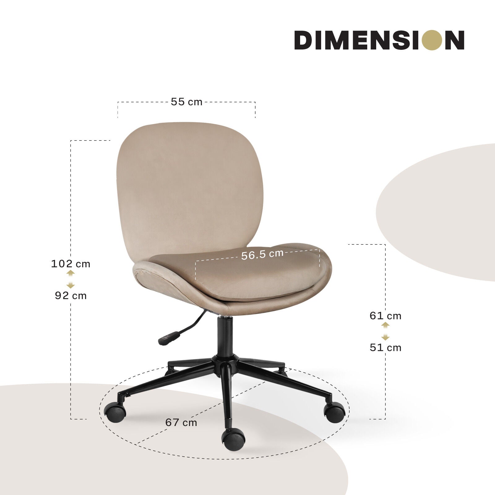 Office Desk Chair - Velvet Armless Swivel Study Seat OVOID PALE KHAKI
