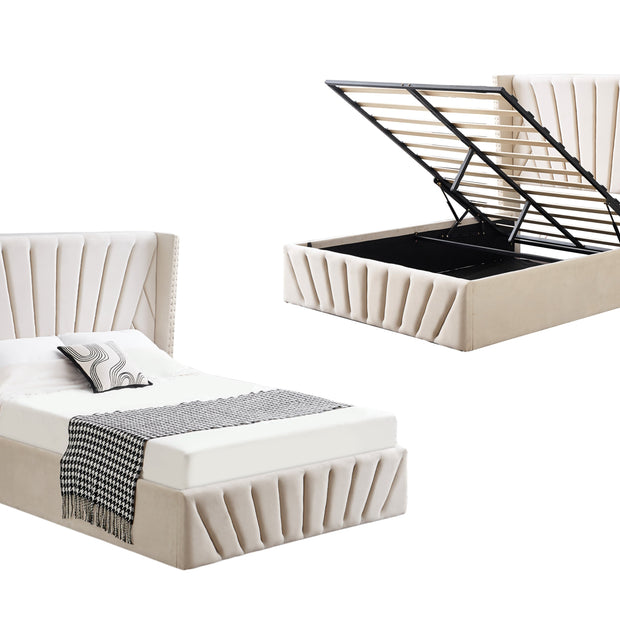 Allure Beige Velvet Gas Lift Bed - King