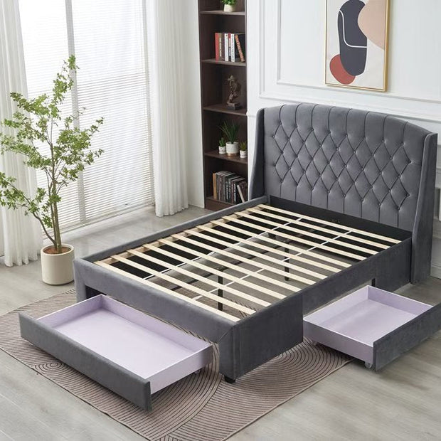 Paris Tall Tufted Velvet Dark Grey Bed with Storage Drawer - King