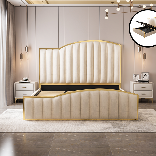 Elegant Luxury King Size Bedframe in Beige with Gas Lift Storage Velvet Fabric Golden Trim