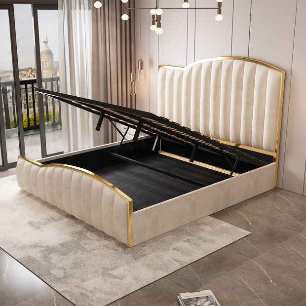 Elegant Luxury King Size Bedframe in Beige with Gas Lift Storage Velvet Fabric Golden Trim