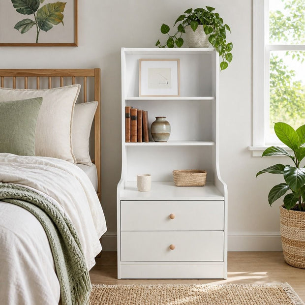 Bedside Table Drawer Nightstand Bedroom Cabinet Warm White 3-Shelf Storage Unit