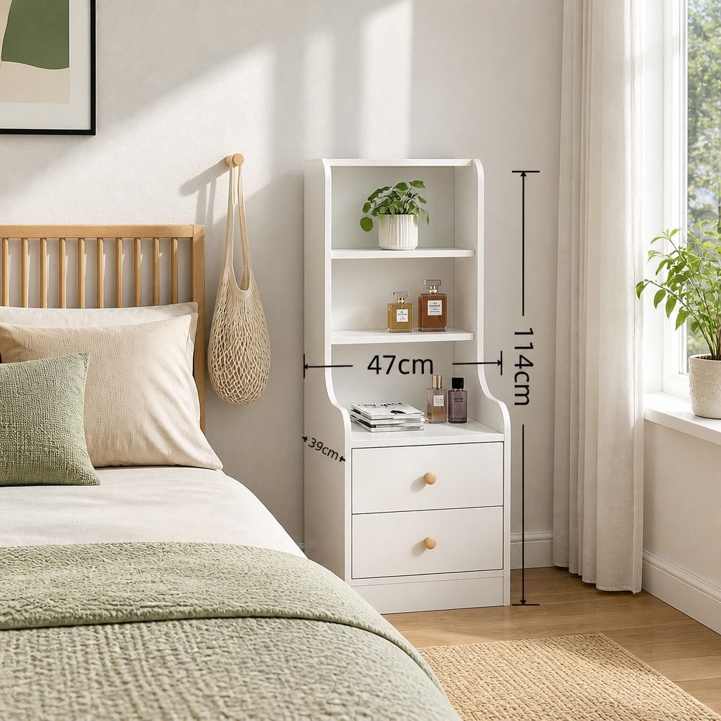 Bedside Table Drawer Nightstand Bedroom Cabinet Warm White 3-Shelf Storage Unit