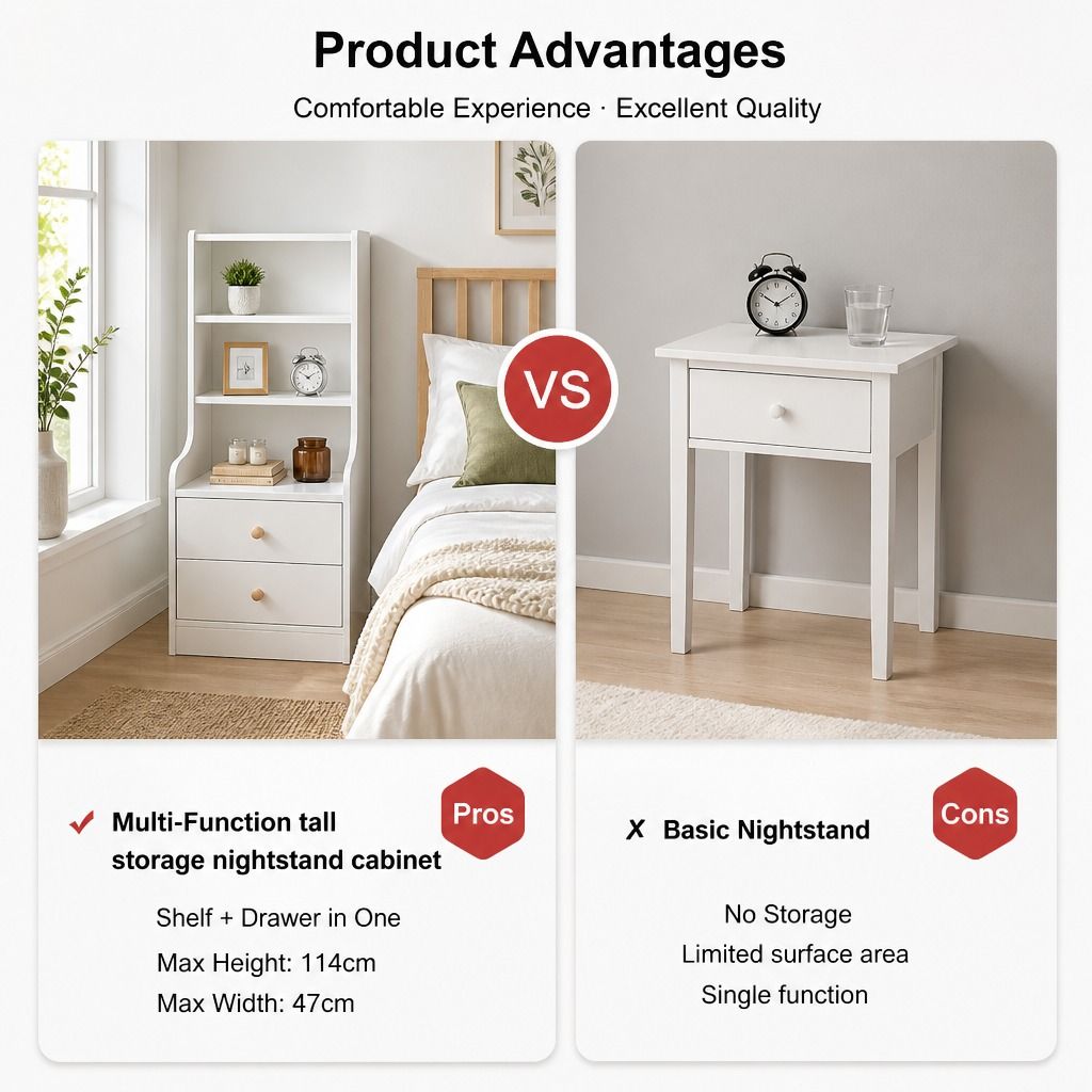 Bedside Table Drawer Nightstand Bedroom Cabinet Warm White 3-Shelf Storage Unit