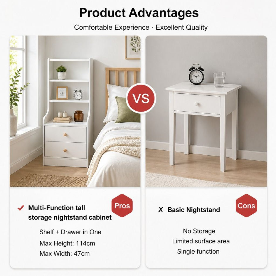 Bedside Table Drawer Nightstand Bedroom Cabinet Warm White 3-Shelf Storage Unit