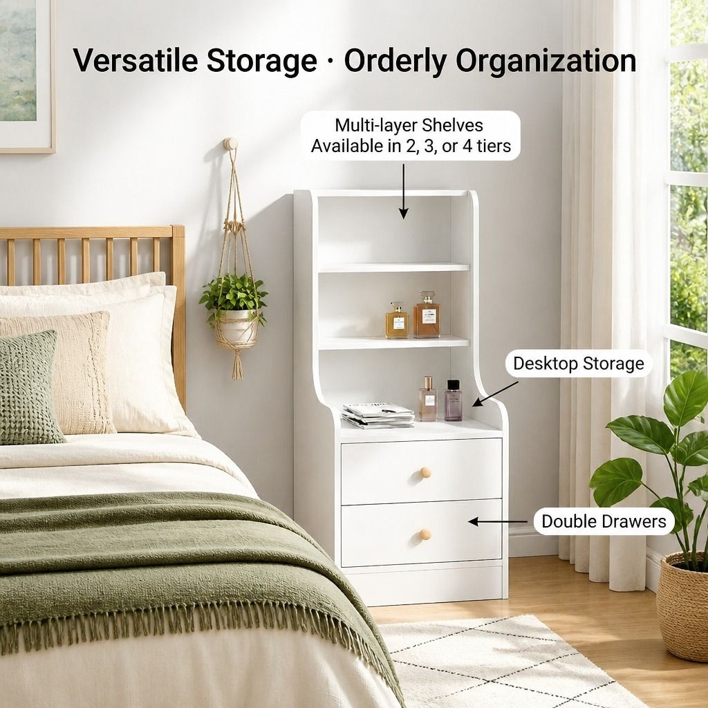 Bedside Table Drawer Nightstand Bedroom Cabinet Warm White 3-Shelf Storage Unit