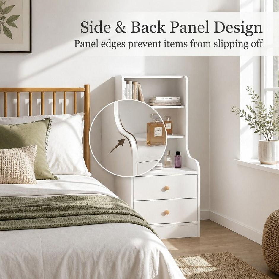 Bedside Table Drawer Nightstand Bedroom Cabinet Warm White 3-Shelf Storage Unit