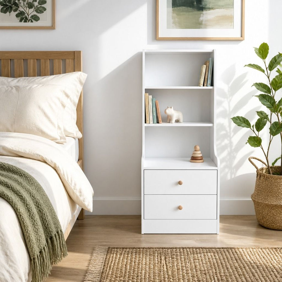 Bedside Table Drawer Nightstand Bedroom Cabinet Warm White 3-Shelf Storage Unit