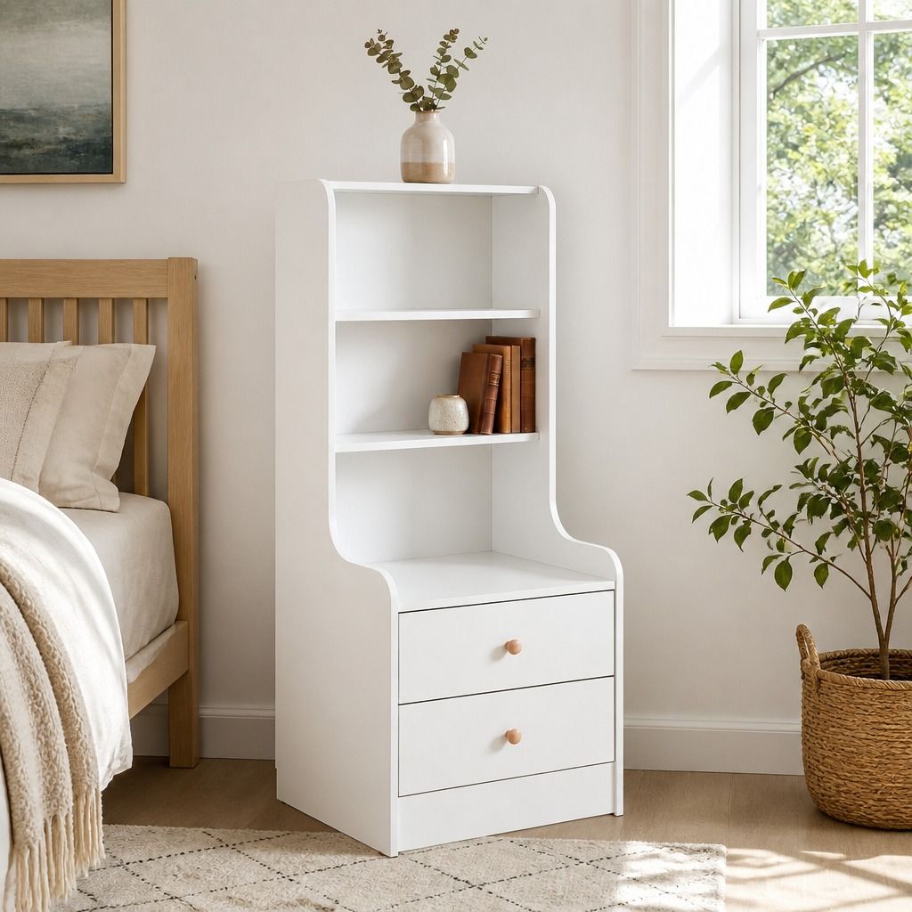 Bedside Table Drawer Nightstand Bedroom Cabinet Warm White 3-Shelf Storage Unit